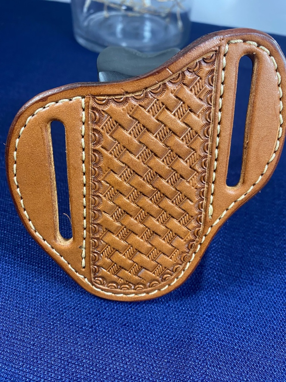 Handcrafted Tan Leather Pancake Belt Holster with Basketweave Tooling